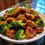 Close-up of saucy, glazed chicken and bright green broccoli florets served together in a white bowl.