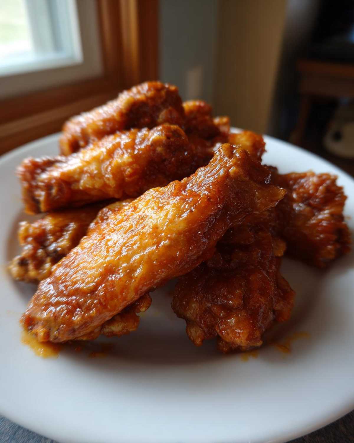 A close-up stack of glossy, orange-glazed chicken wings piled on a white plate, perfect for Game Day.