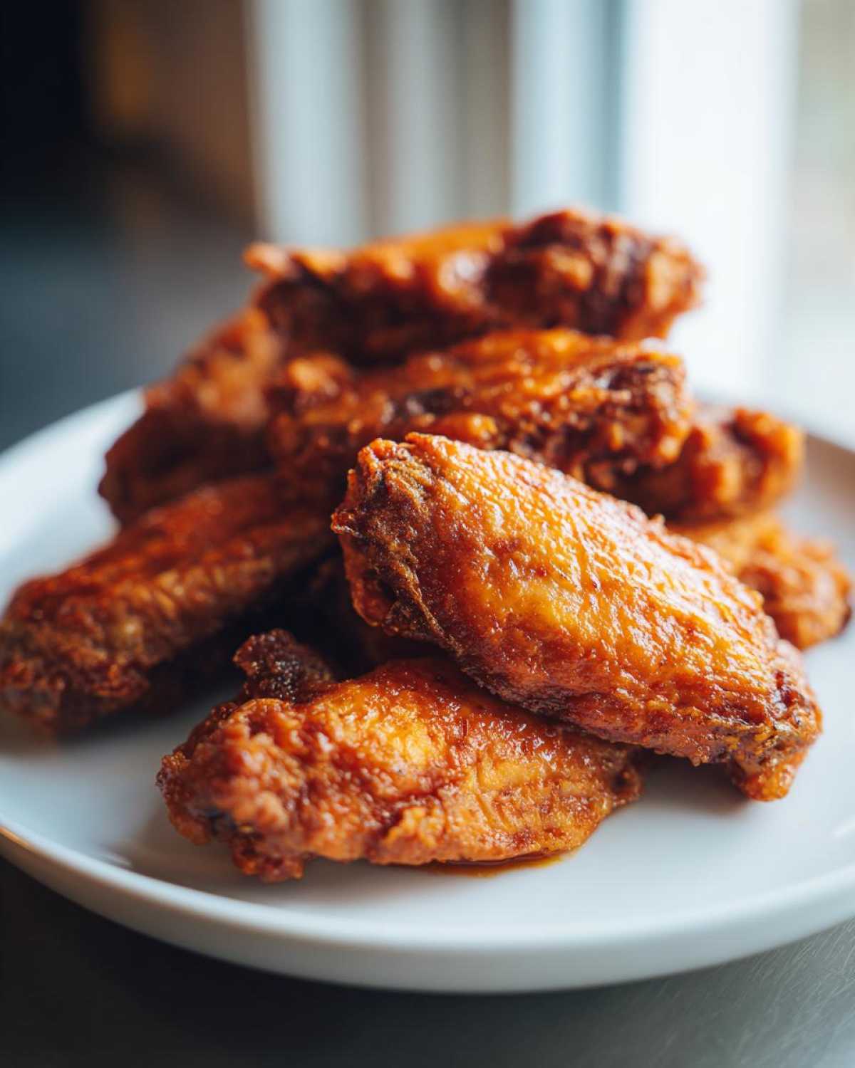 A close-up of a pile of glossy, saucy chicken wings stacked on a white plate, perfect for Game Day.
