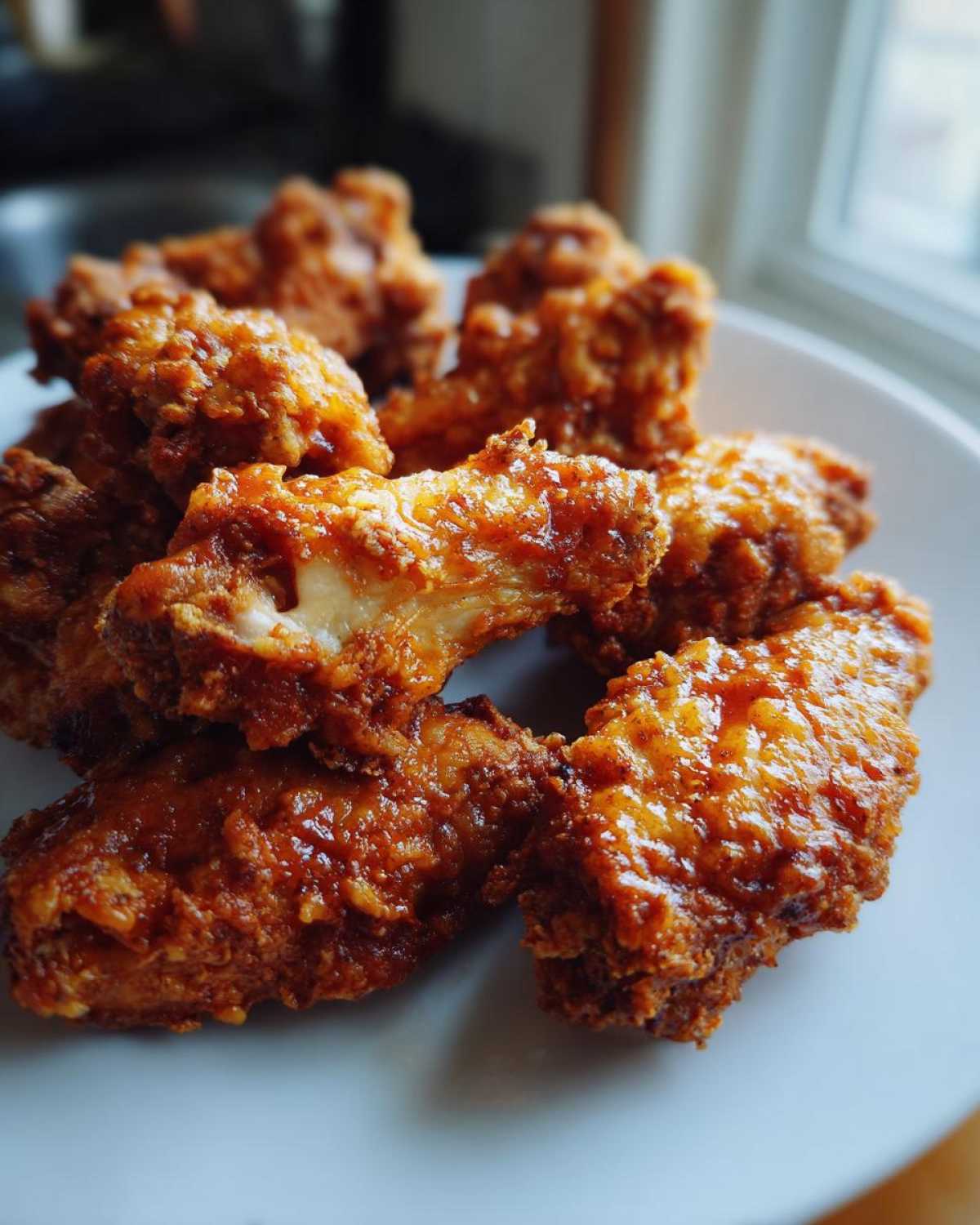 A pile of crispy, glazed chicken wings served on a white plate, perfect for Game Day.