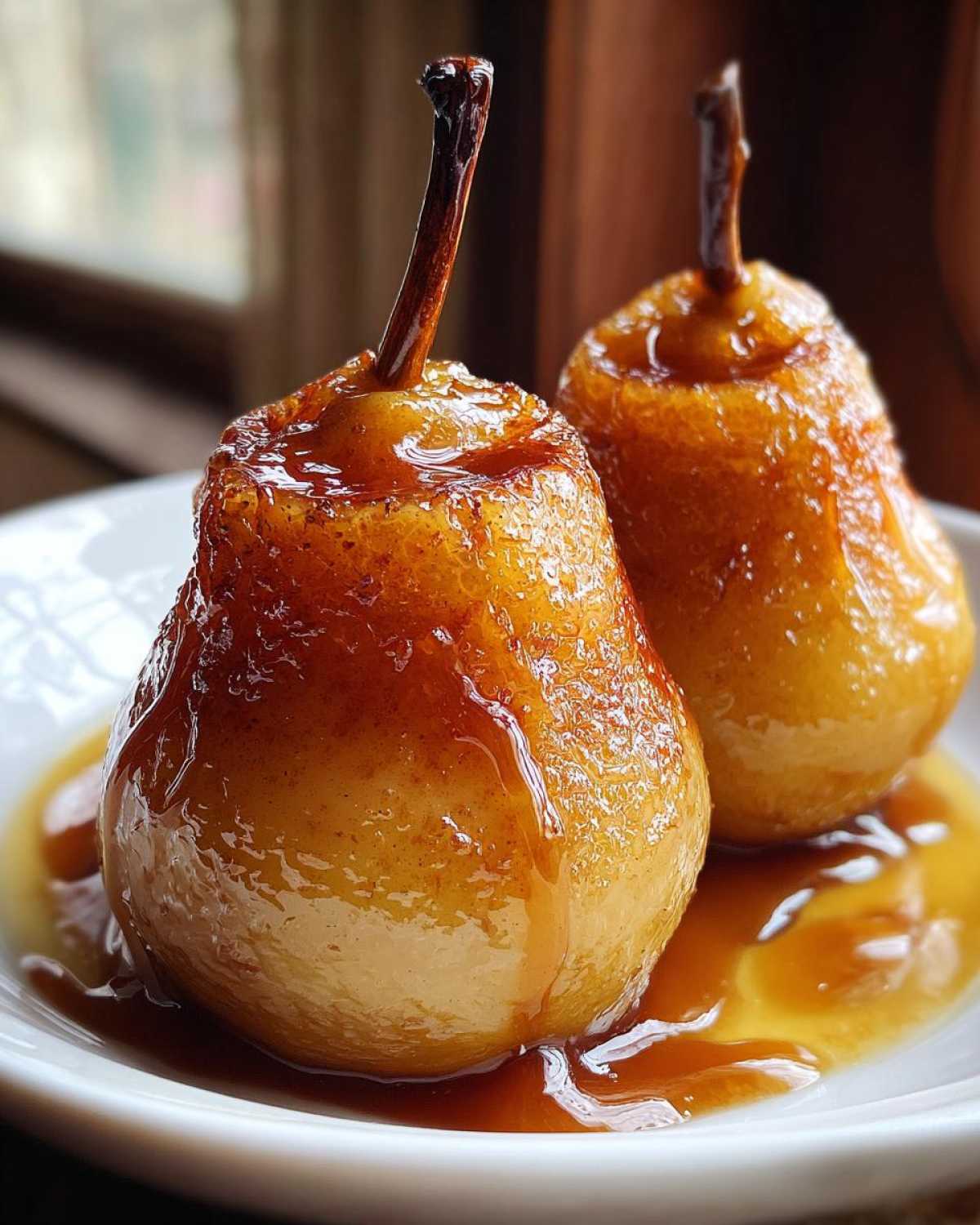 Close-up of two perfectly glazed poached pears sitting in a pool of rich caramel sauce on a white plate.