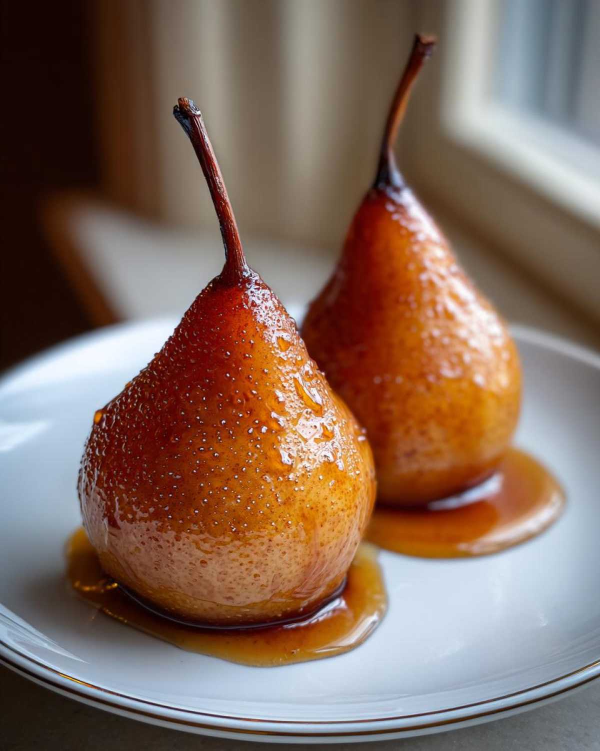 Two beautifully glazed poached pears sitting in syrup on a white plate, showcasing their rich amber color.