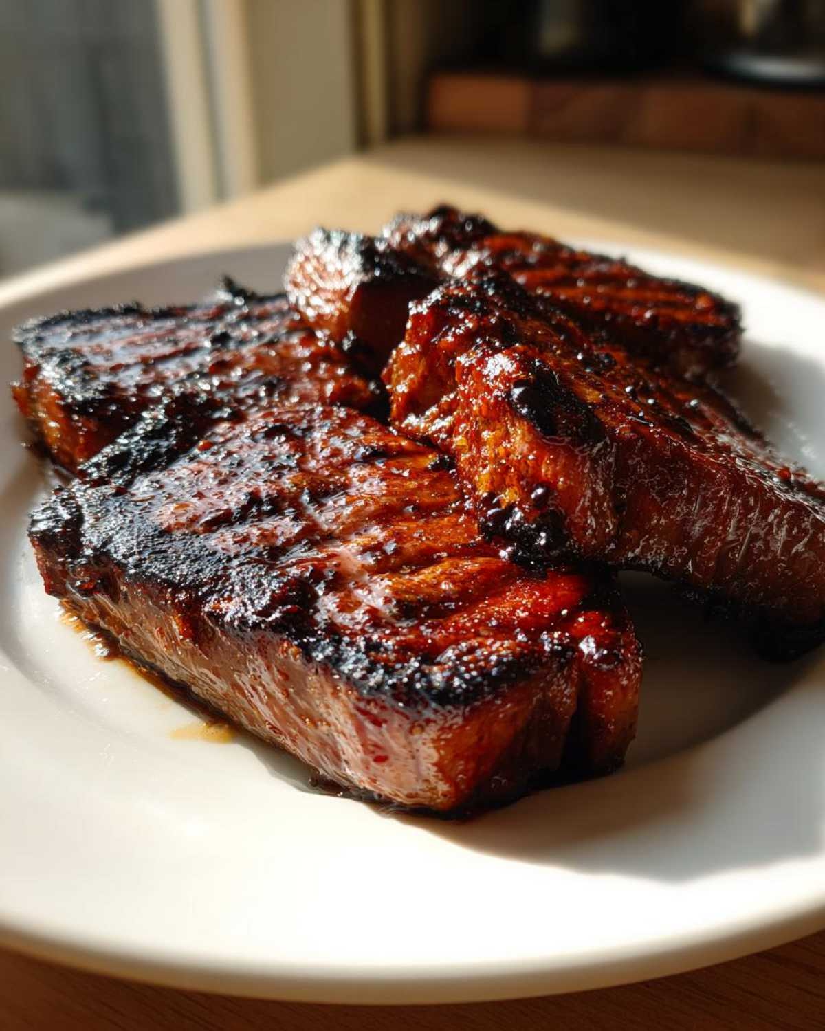 Close-up of four thick, glazed, and slightly charred pork steak pieces resting on a white plate.