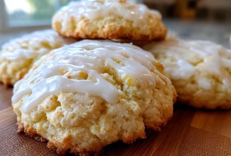 Close-up of several soft, baked ricotta cookies topped with a thick white glaze.