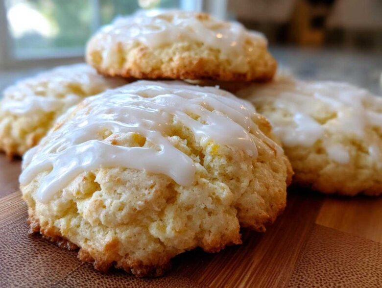 Close-up of several soft, baked ricotta cookies topped with a thick white glaze.