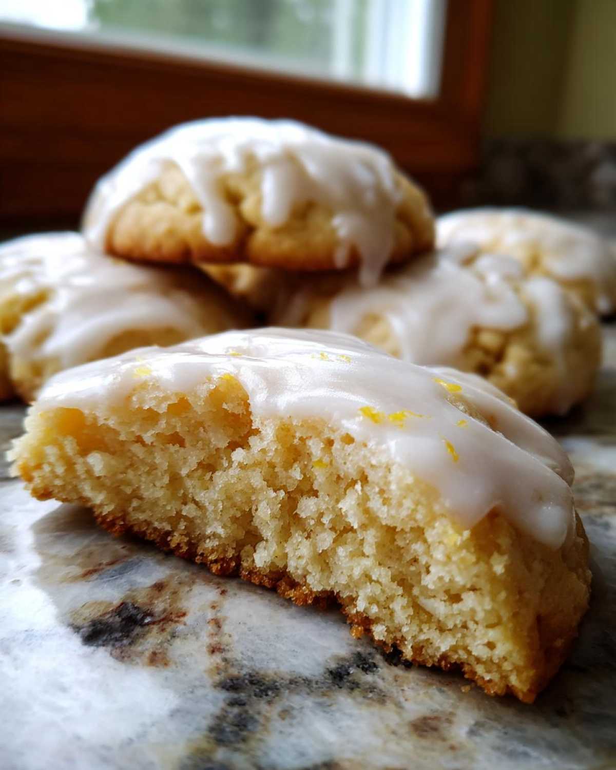 Close-up of a soft, lemon-zest ricotta cookies half, showing the crumb texture and white glaze.