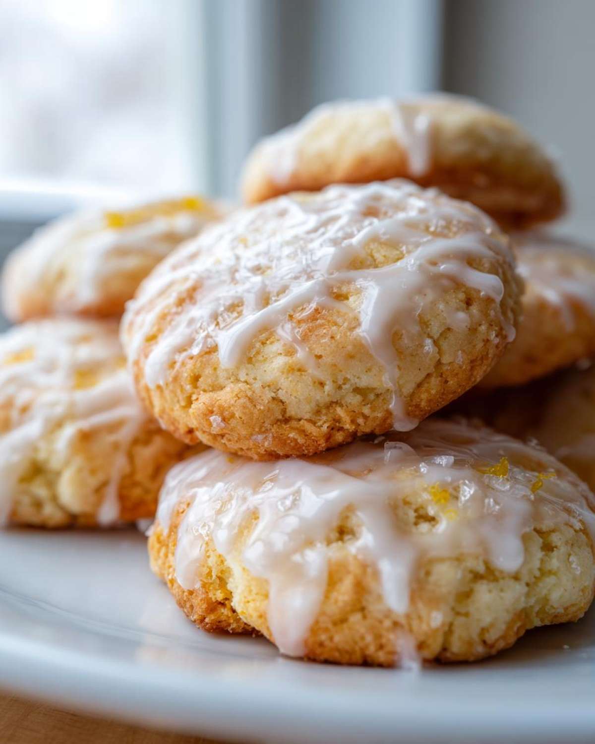 A close-up stack of soft, golden ricotta cookies drizzled with a thick white lemon glaze.