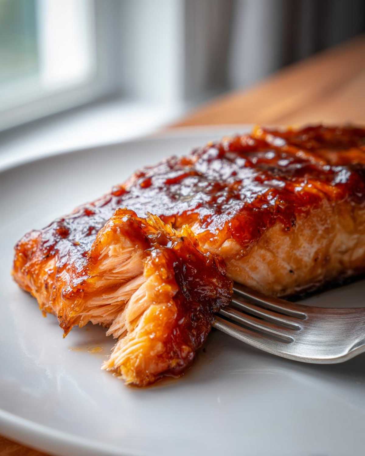 Close-up of a piece of glazed salmon, showing flaky texture as a fork pulls a piece away.