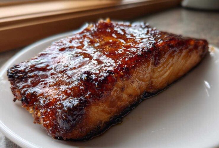 Close-up of a perfectly cooked salmon fillet with a dark, glossy glaze served on a white plate.
