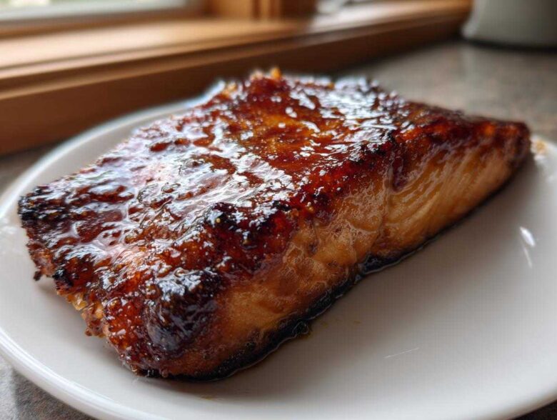 Close-up of a perfectly cooked salmon fillet with a dark, glossy glaze served on a white plate.