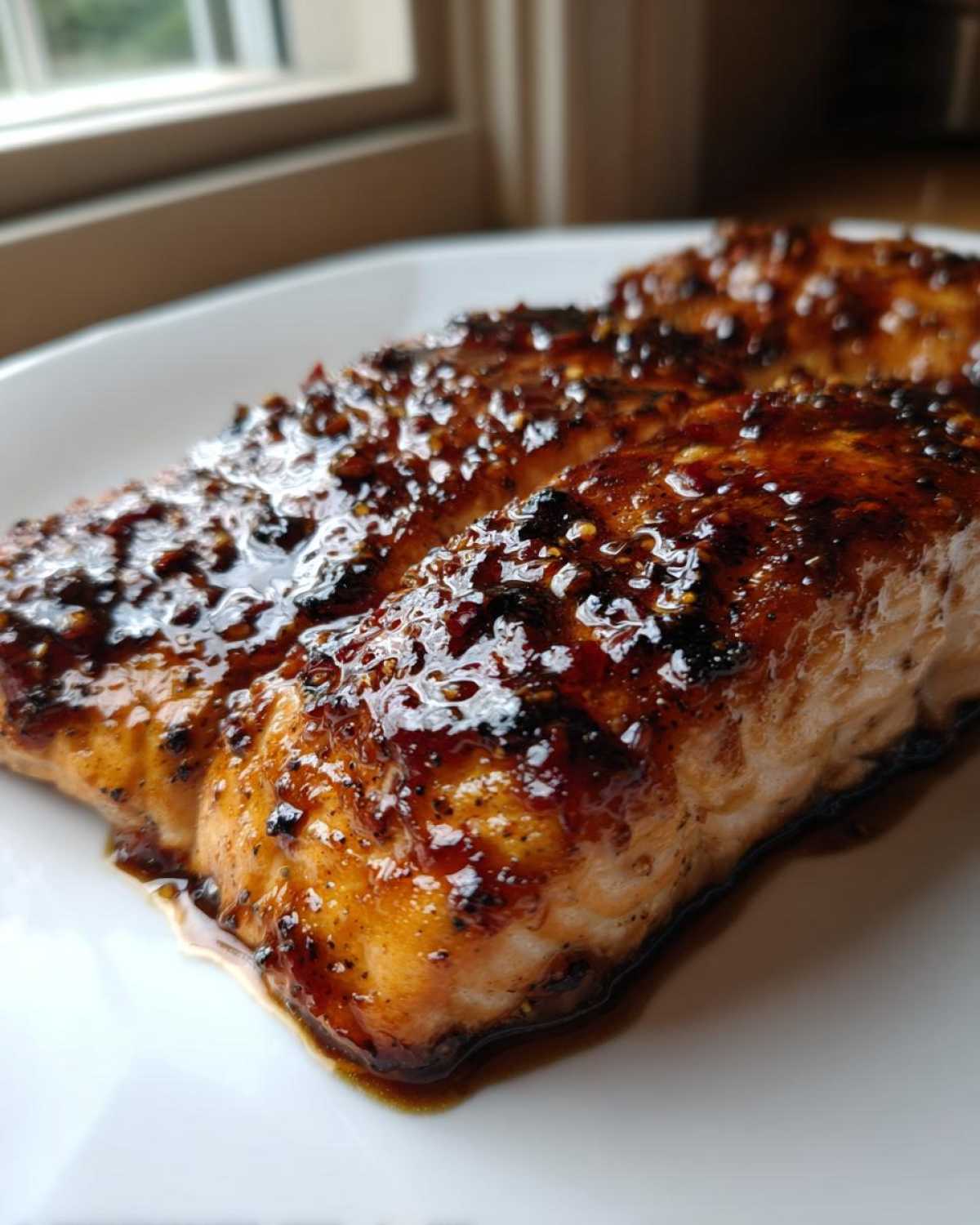 Close-up of a perfectly cooked salmon fillet with a thick, glossy, dark glaze, ready to serve.