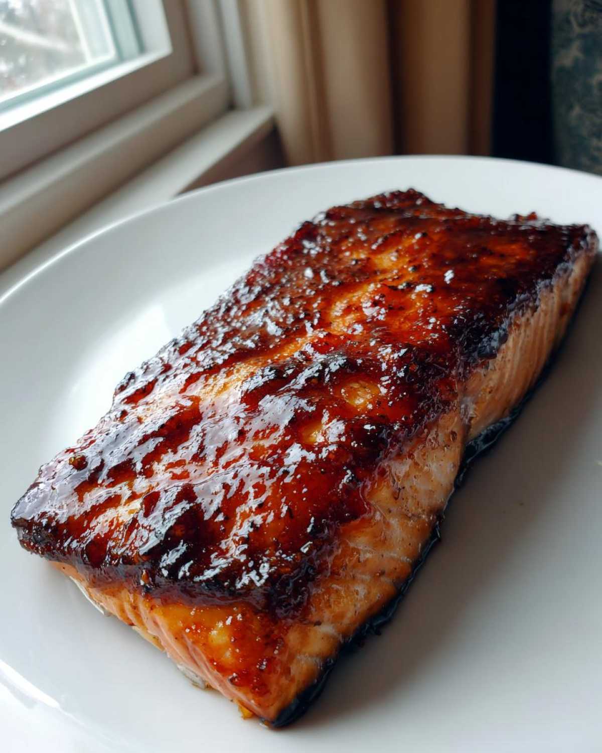 A perfectly cooked, thick fillet of salmon with a dark, glossy, caramelized glaze, served on a white plate.