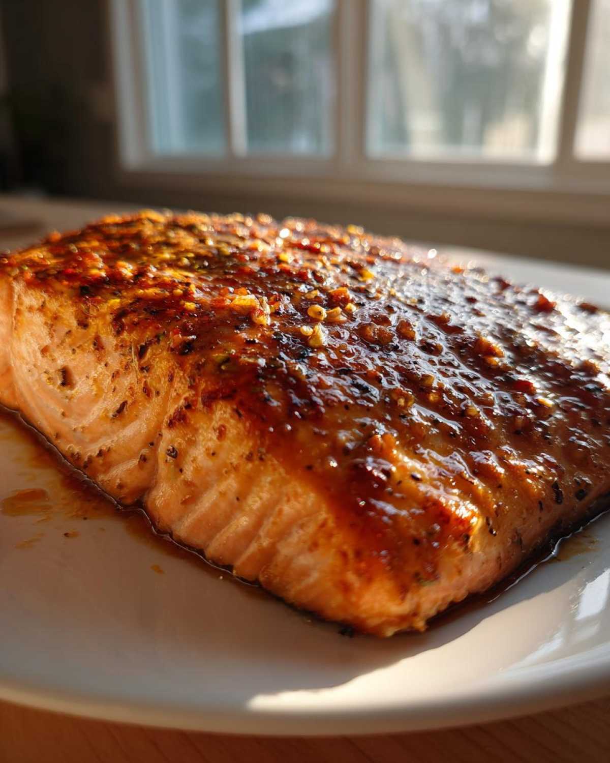 Close-up of a perfectly cooked salmon fillet with a shiny, savory glaze and visible seasoning flakes.