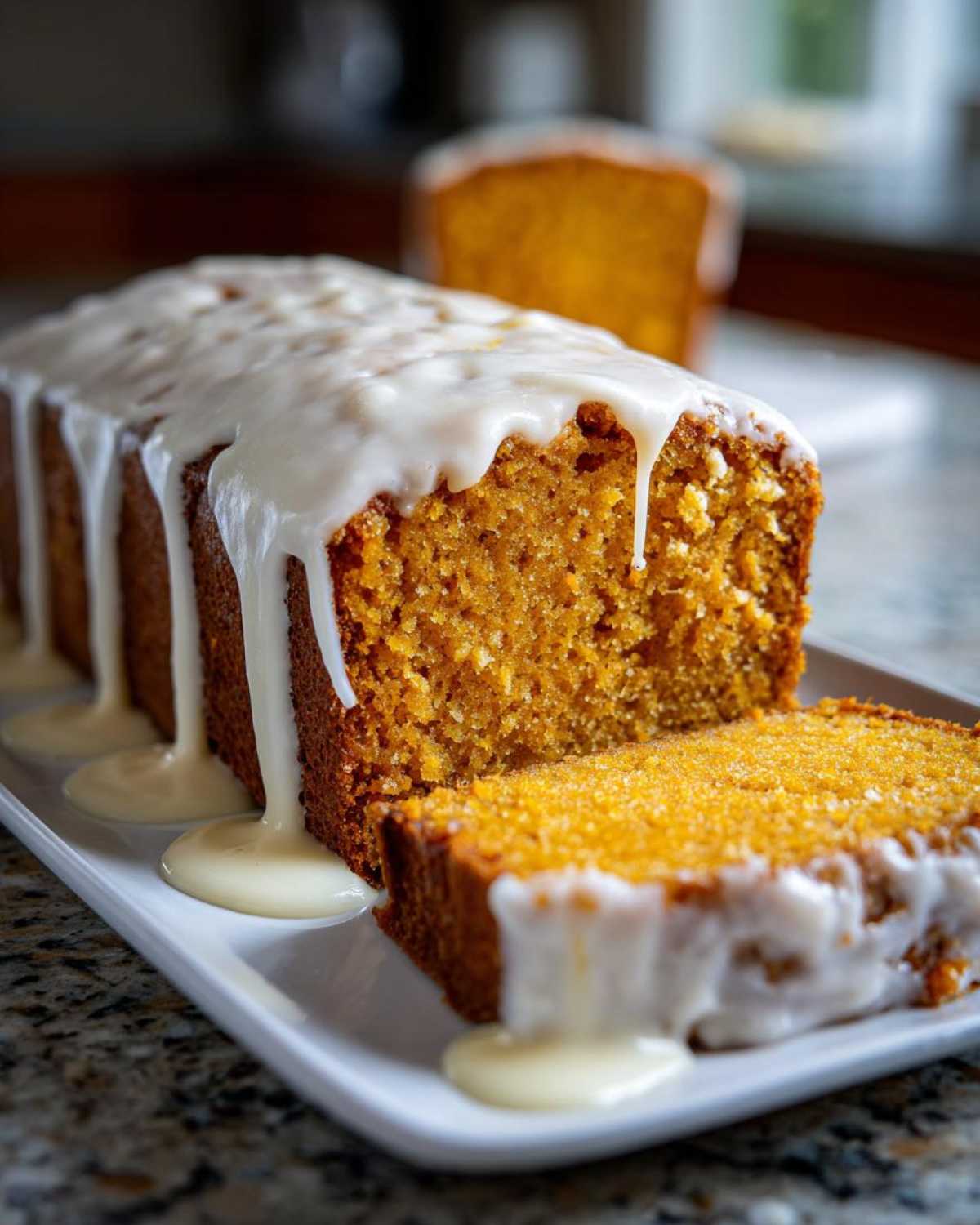 A close-up of a moist sweet potato pound cake loaf drizzled heavily with white glaze, with one slice cut.