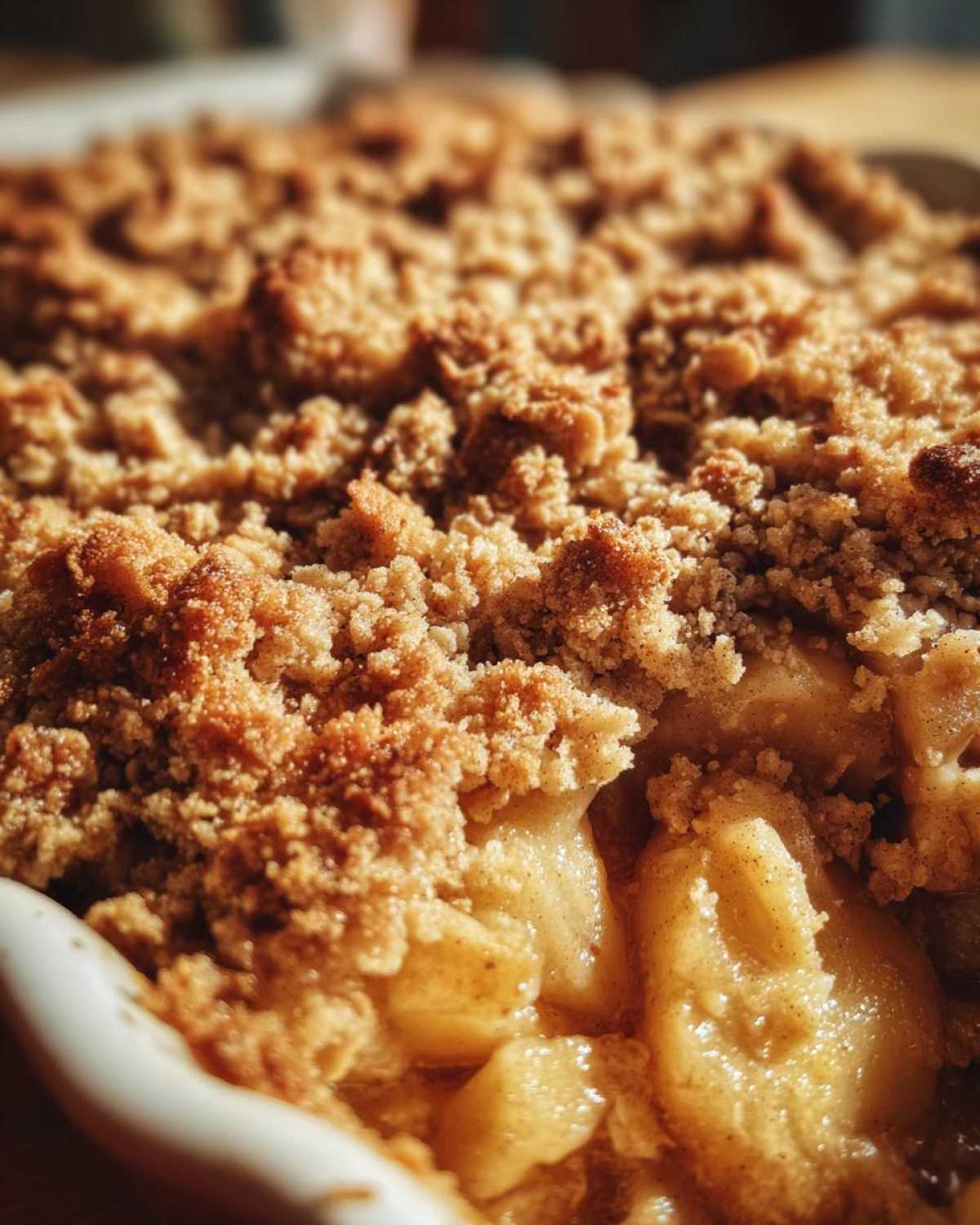 Close-up of a golden brown, crumbly topping on a freshly baked apple crisp, showing soft, saucy apples underneath.
