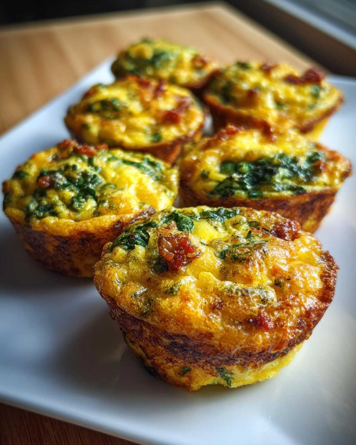 Close-up of golden brown, baked egg bites filled with spinach and bits of bacon, served on a white plate.