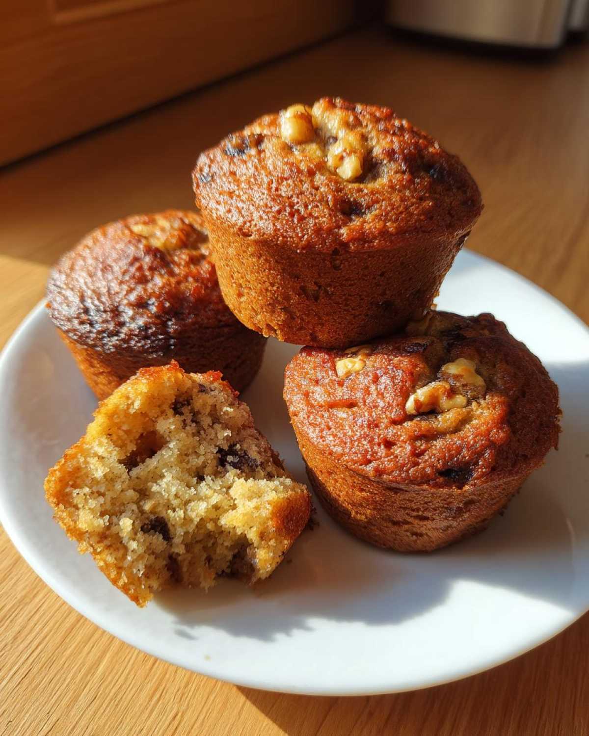 Three golden-brown banana nut muffins stacked on a white plate, one broken open to show the moist interior.