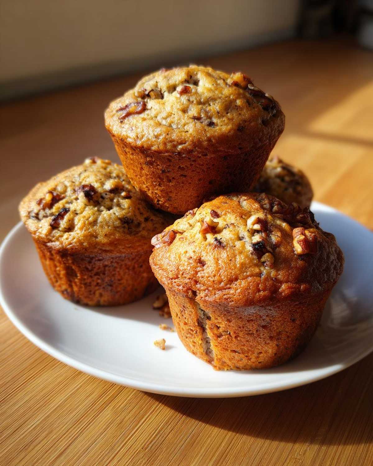 Four golden-brown banana nut muffins, topped with chopped nuts, stacked on a white plate in bright sunlight.