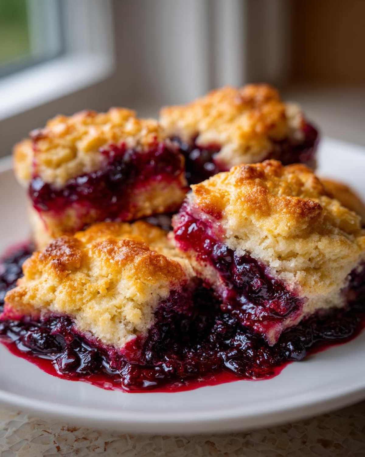 Four squares of golden-topped berry cobbler served on a white plate, oozing with dark, juicy berry filling.