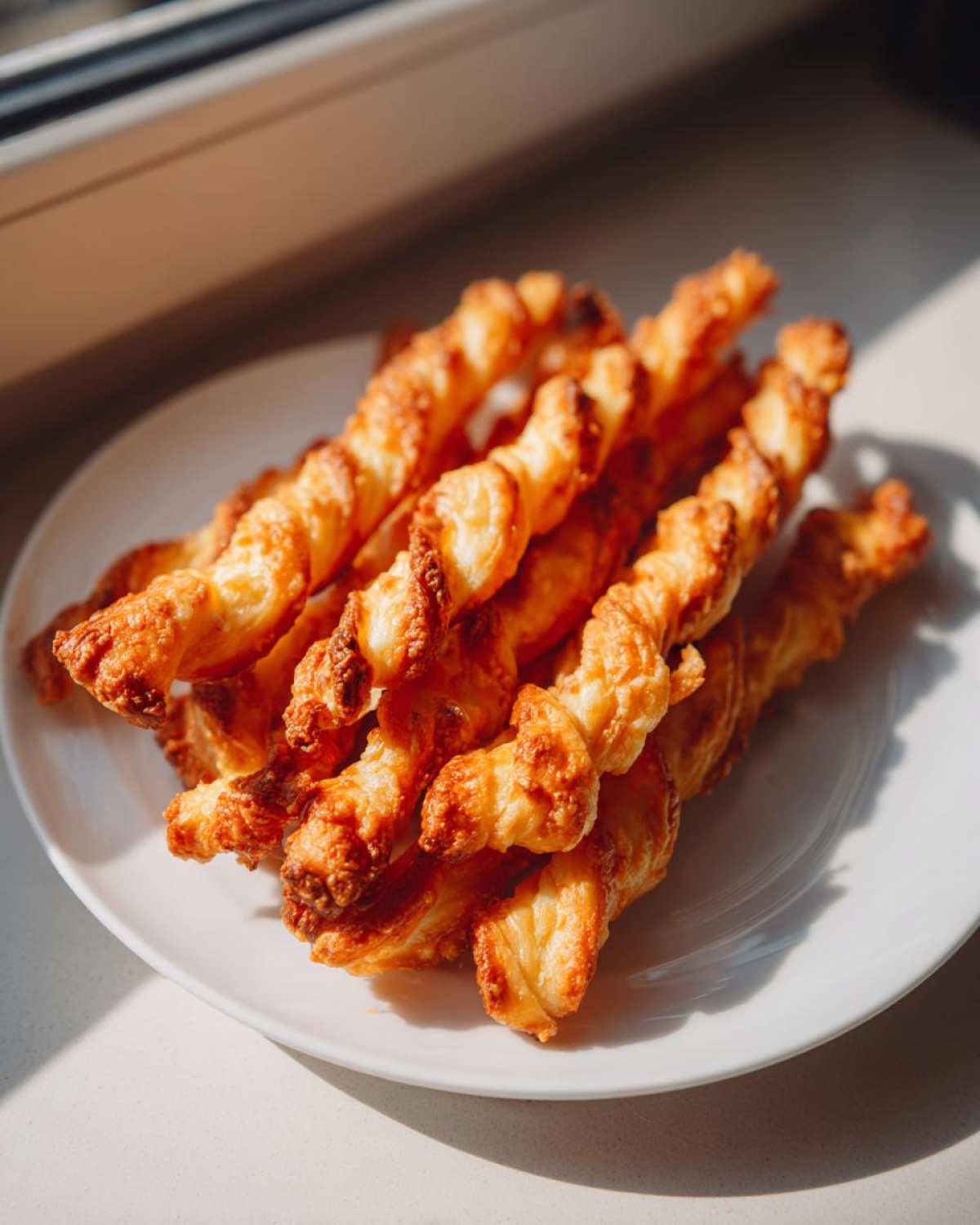A pile of golden brown, flaky, twisted cheese straws recipe resting on a white plate near a sunlit window.