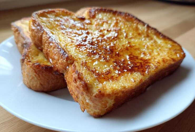 Two thick slices of golden brown, perfectly cooked easy french toast dusted with powdered sugar.