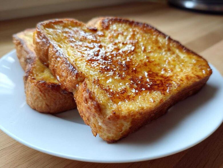 Two thick slices of golden brown, perfectly cooked easy french toast dusted with powdered sugar.