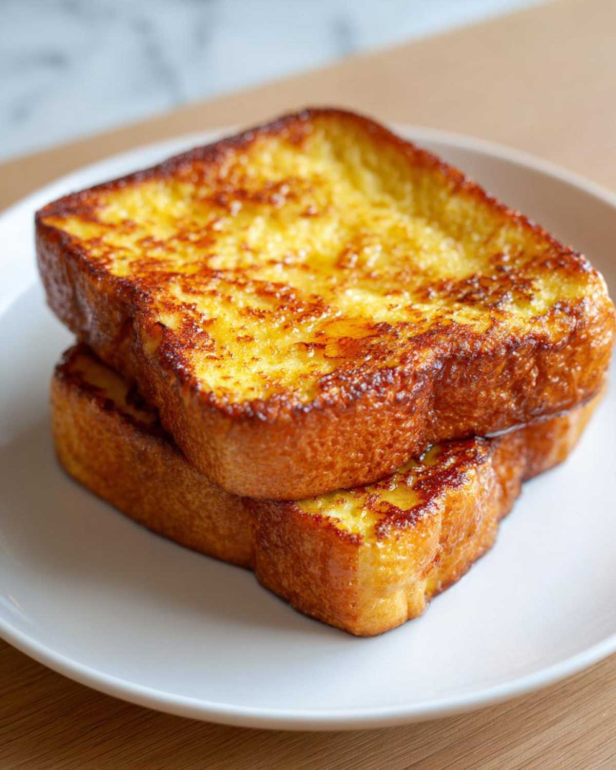 Close-up of two perfectly golden brown slices of easy french toast stacked on a white plate.