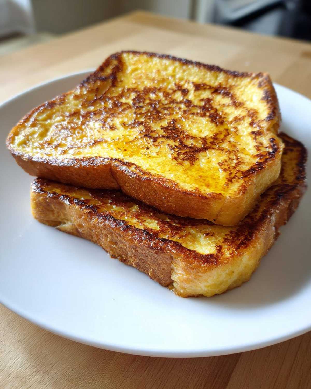 Two perfectly cooked slices of easy french toast stacked on a white plate, showing a golden, caramelized exterior.