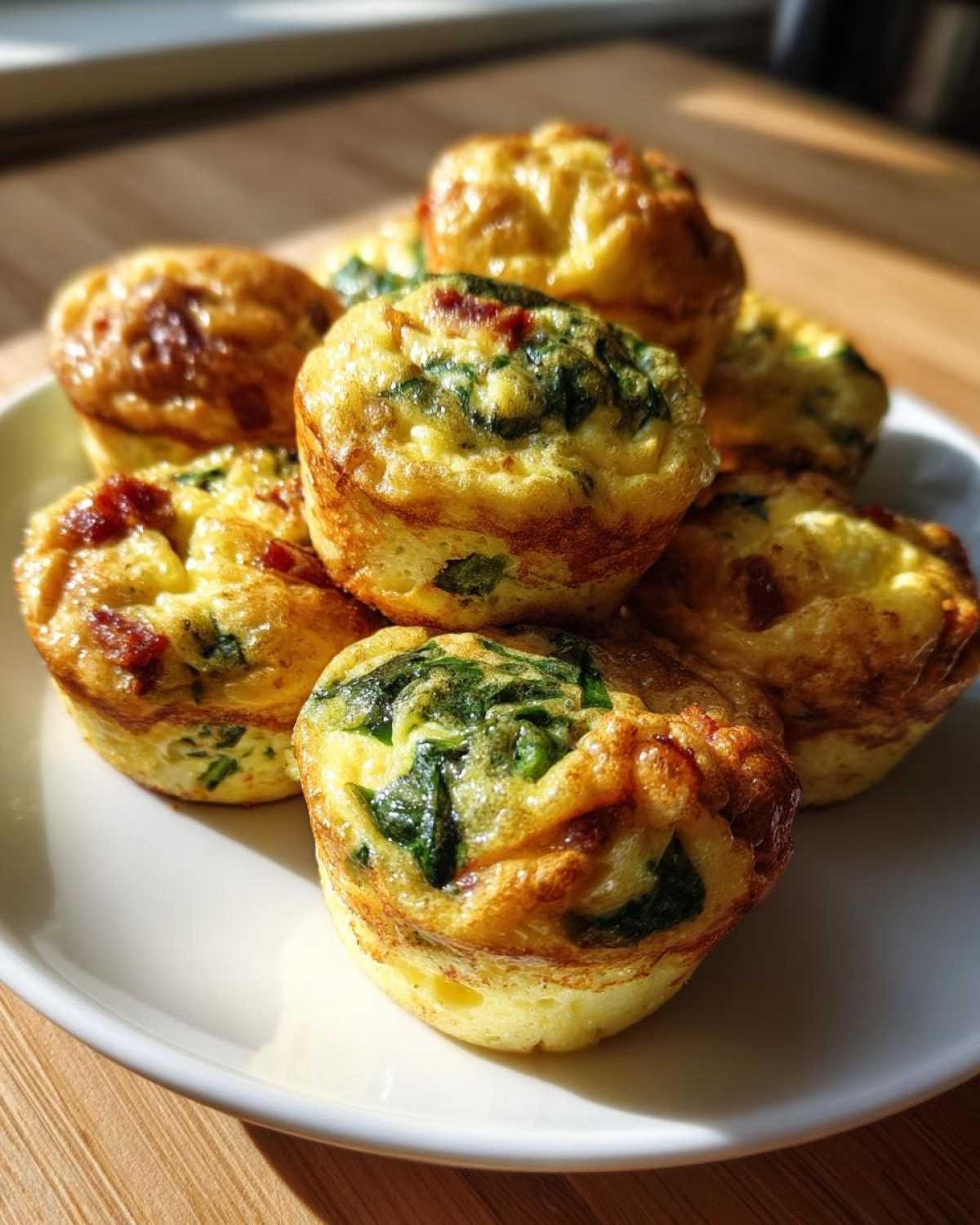 A stack of golden brown, baked egg bites with visible spinach and bits of bacon on a white plate.