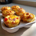 Five golden brown Egg Muffin Cups filled with ham and red peppers resting in a white ceramic tray.