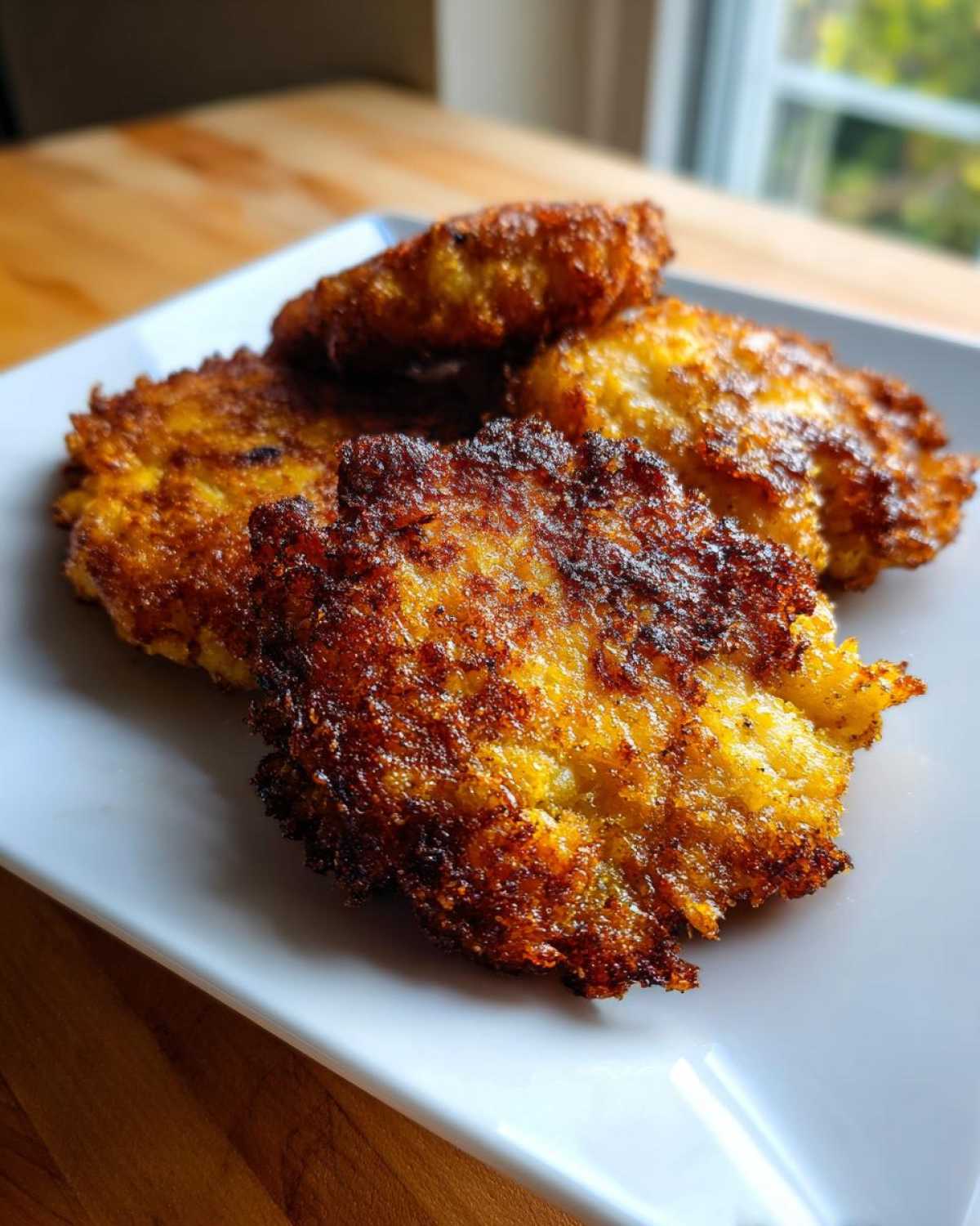 Close-up of four golden brown, crispy fried cornbread patties served on a white rectangular plate.