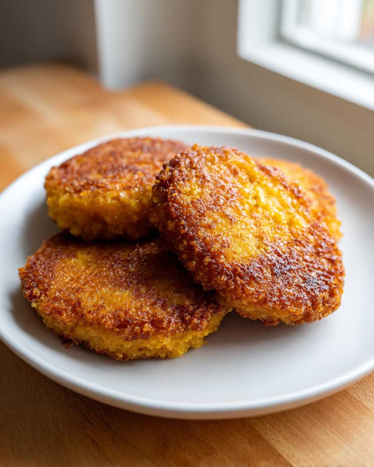 Three golden brown, perfectly crisp fried cornbread patties stacked slightly on a white plate.