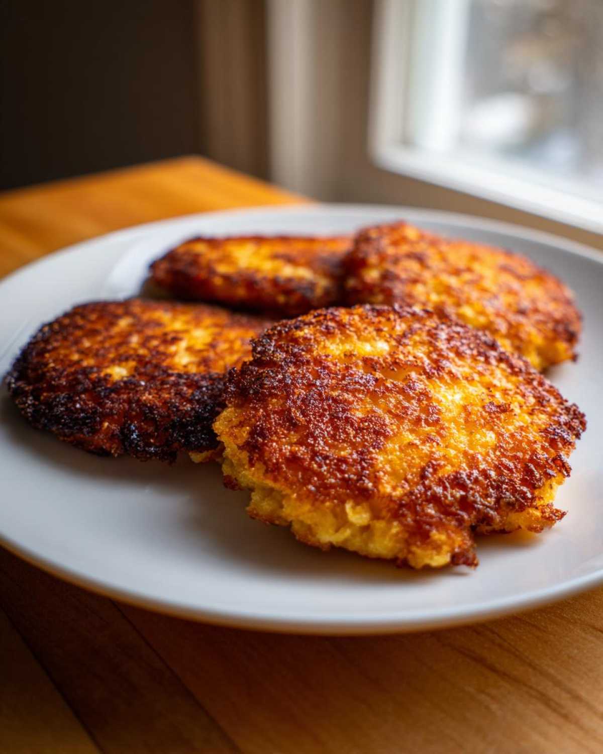 Four golden brown, crispy fried cornbread patties served on a white plate, ready to eat.