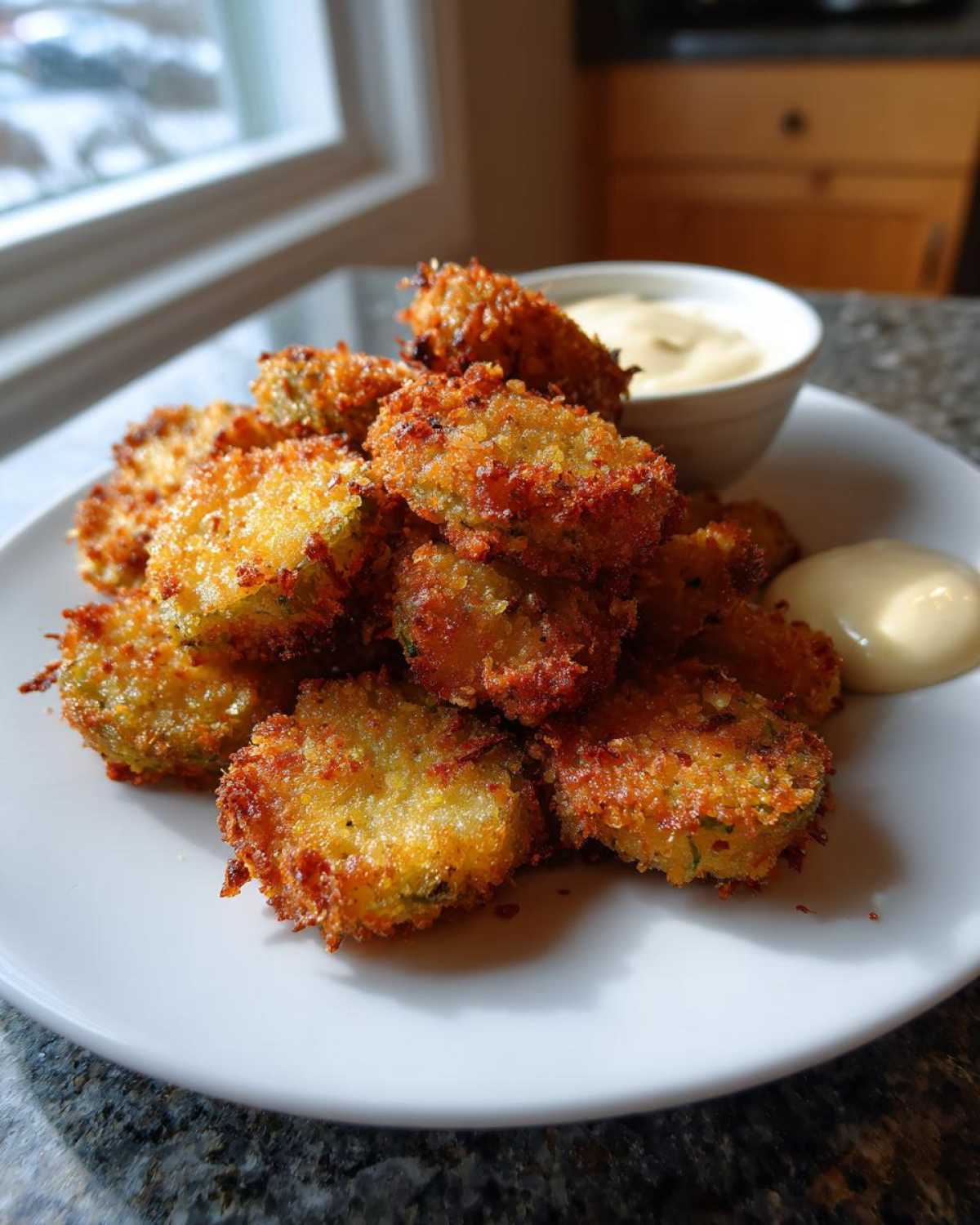 A pile of crispy, golden brown Fried Pickles served on a white plate next to a small bowl of dipping sauce.