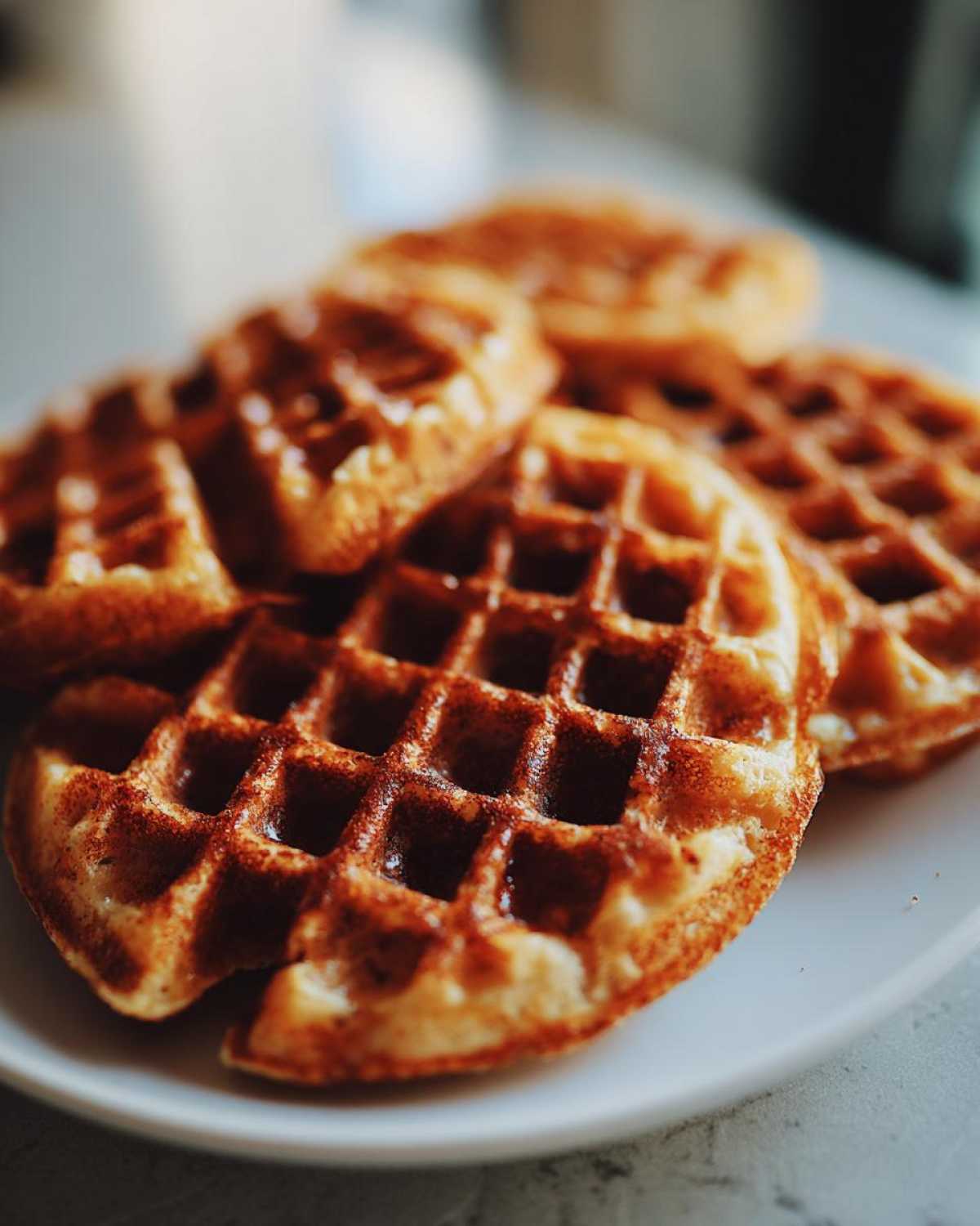 Close-up of several golden brown high protein waffles dusted with cinnamon on a white plate.