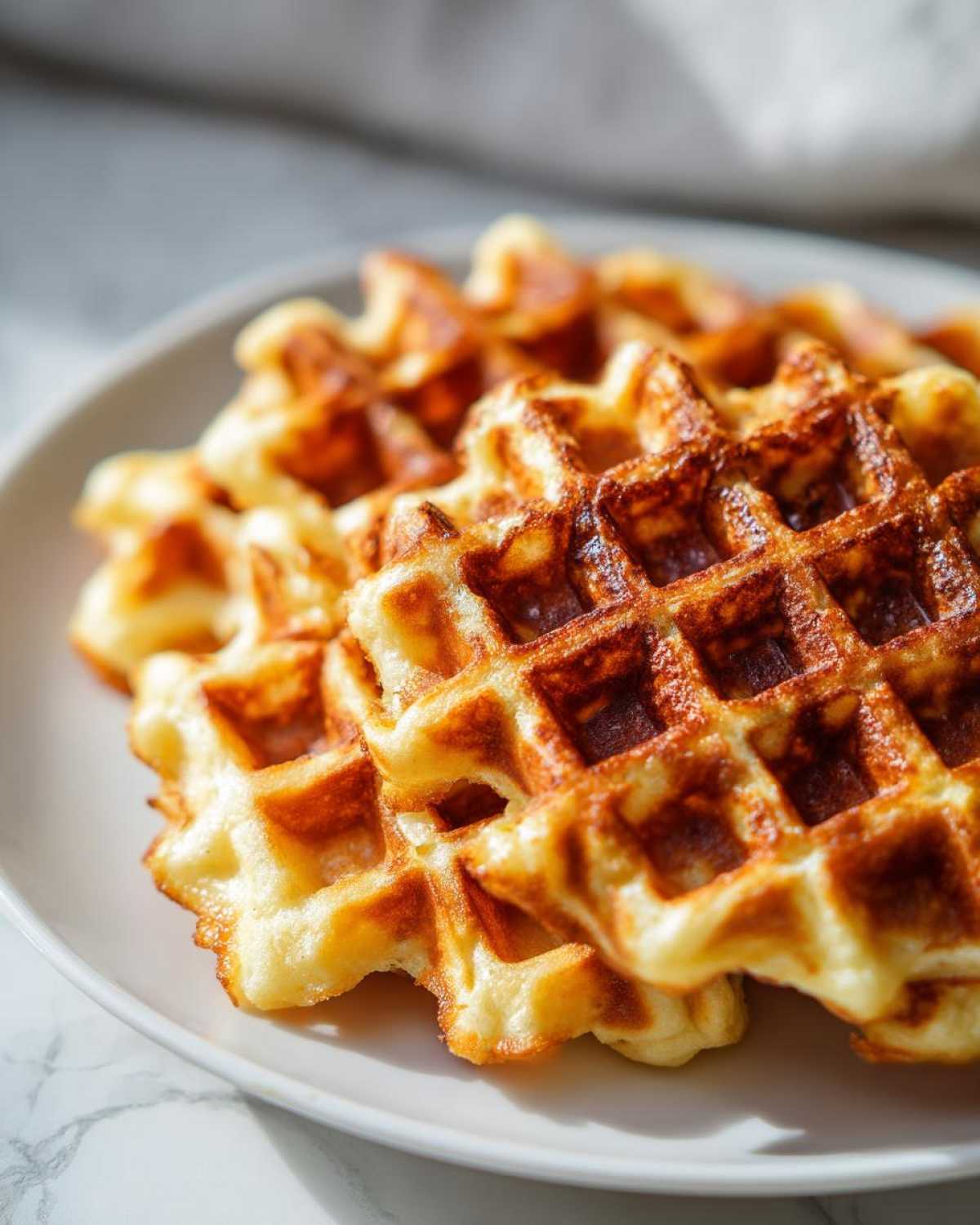 Close-up of golden brown, fluffy high protein waffles stacked on a white plate.