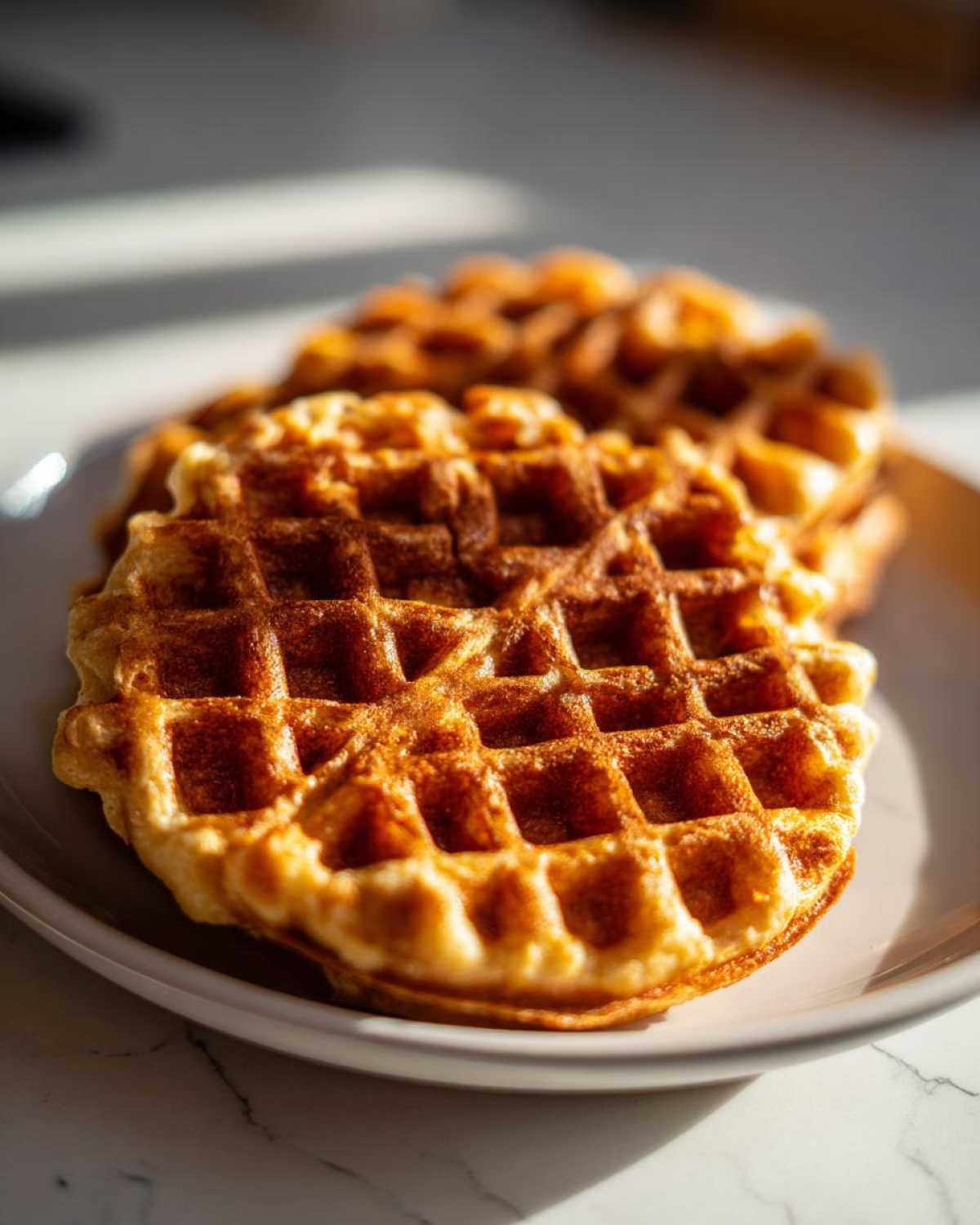 Close-up of golden brown, perfectly textured high protein waffles stacked on a white plate.