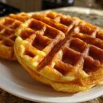 Two golden brown, fluffy high protein waffles stacked slightly on a white plate.