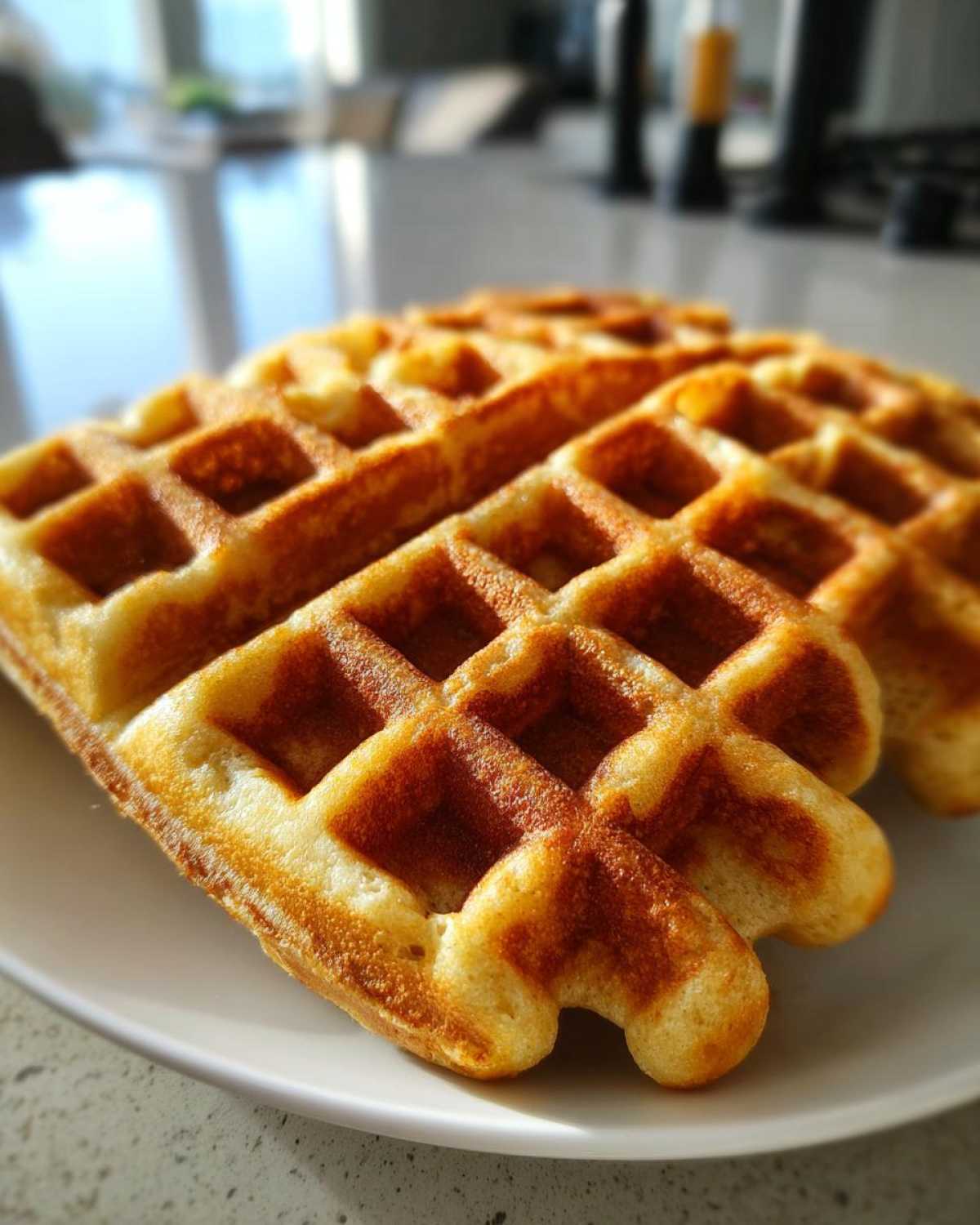 Close-up of several golden brown, fluffy high protein waffles stacked slightly on a white plate.