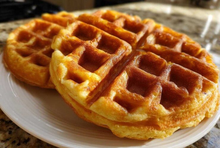 Two golden brown, fluffy high protein waffles stacked slightly on a white plate.
