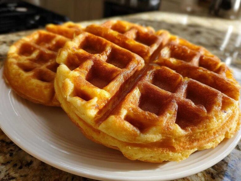 Two golden brown, fluffy high protein waffles stacked slightly on a white plate.