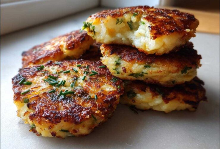 A stack of crispy, golden brown mashed potato cakes garnished with fresh chives.