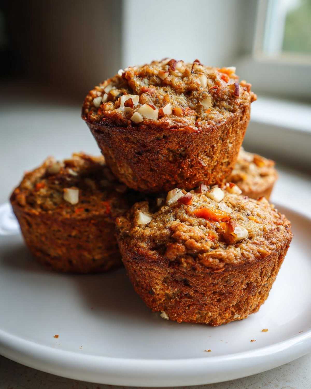 A stack of four golden brown morning glory muffins topped with chopped nuts, resting on a white plate.