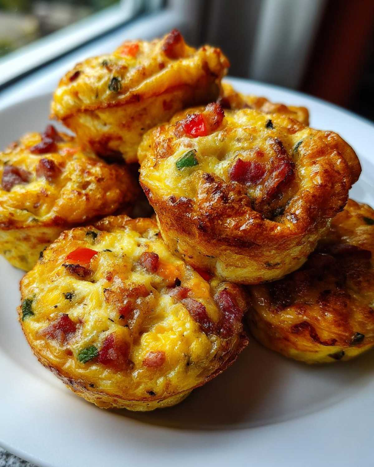 A stack of golden brown muffin tin egg bites filled with bacon and peppers on a white plate.