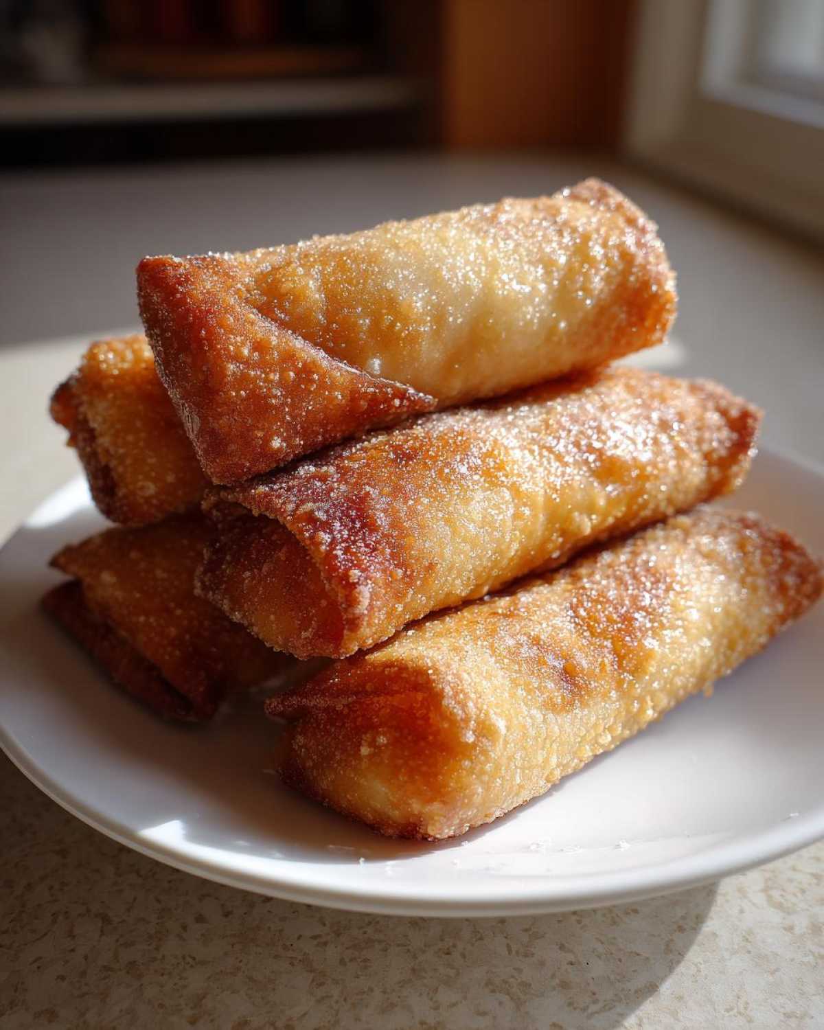 A stack of four golden brown, sugar-dusted peach cobbler egg rolls resting on a small white plate.