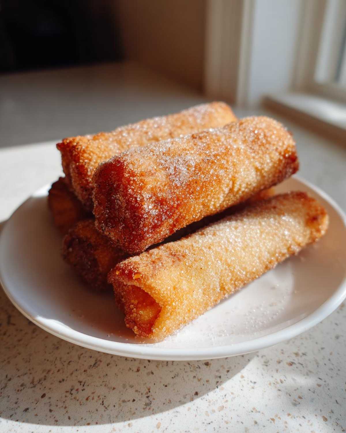 A stack of golden brown, sugar-coated peach cobbler egg rolls resting on a small white plate.