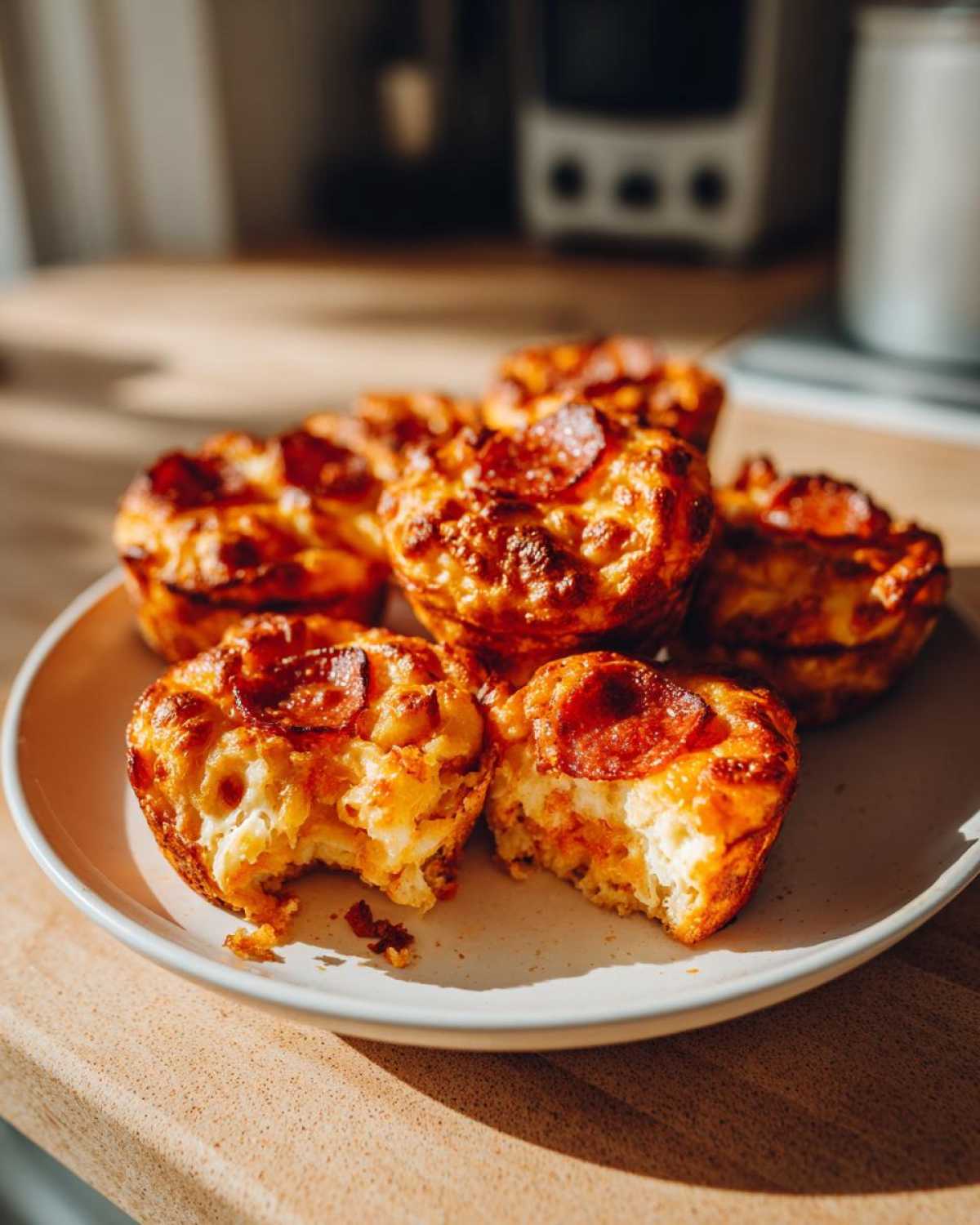 A plate of freshly baked, golden brown pizza muffins topped with pepperoni, one is broken open.