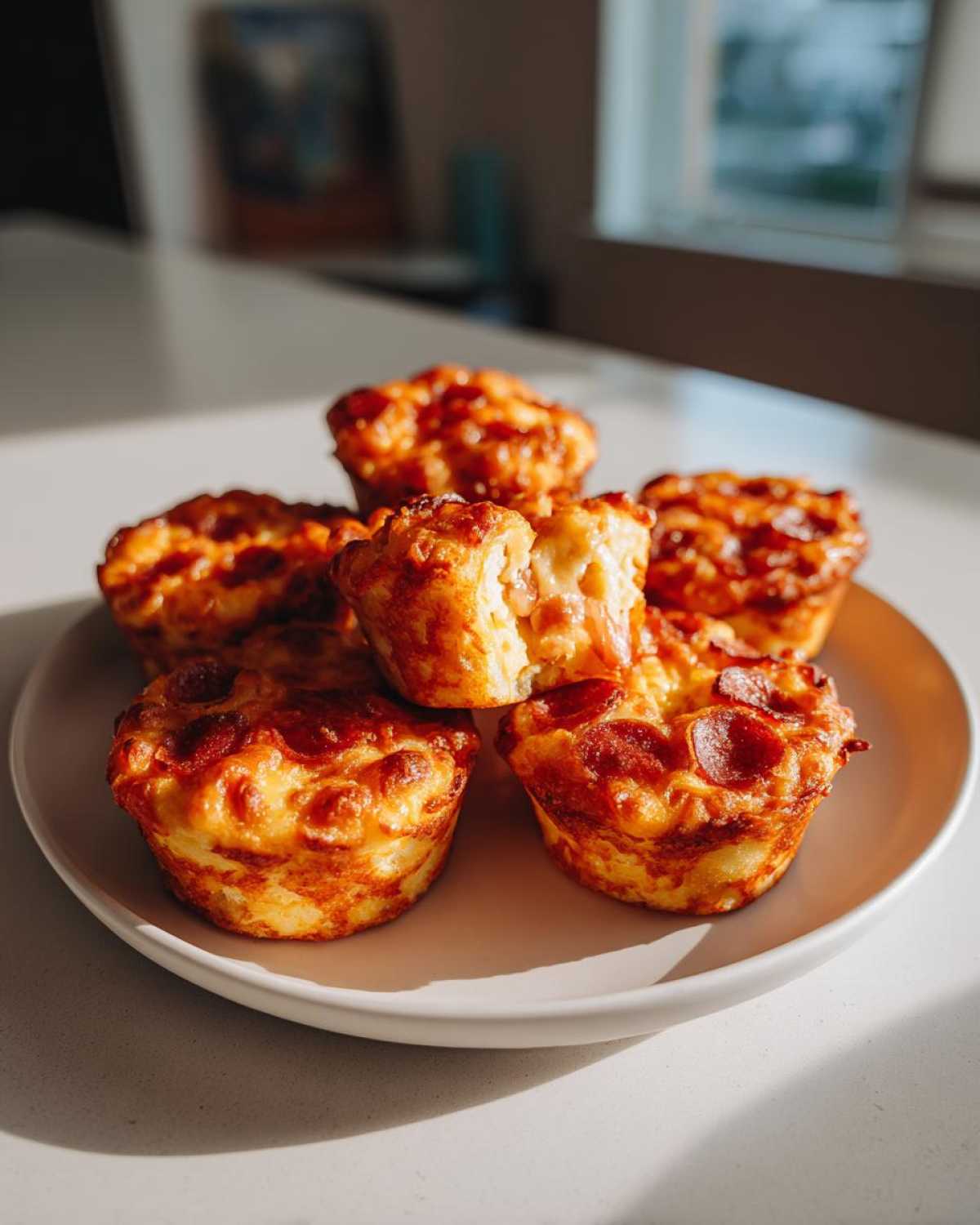 A plate of freshly baked, golden brown Pizza Muffins, one of which is broken open to show the cheesy interior.