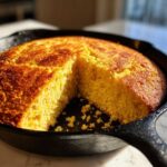 A golden brown, freshly baked skillet cornbread with a slice cut out, showing the moist texture inside.