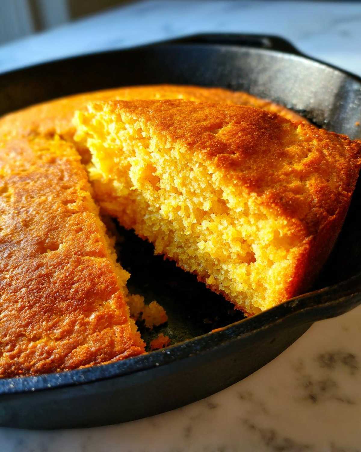 Close-up of a golden brown slice being lifted from a freshly baked skillet cornbread in a cast iron pan.